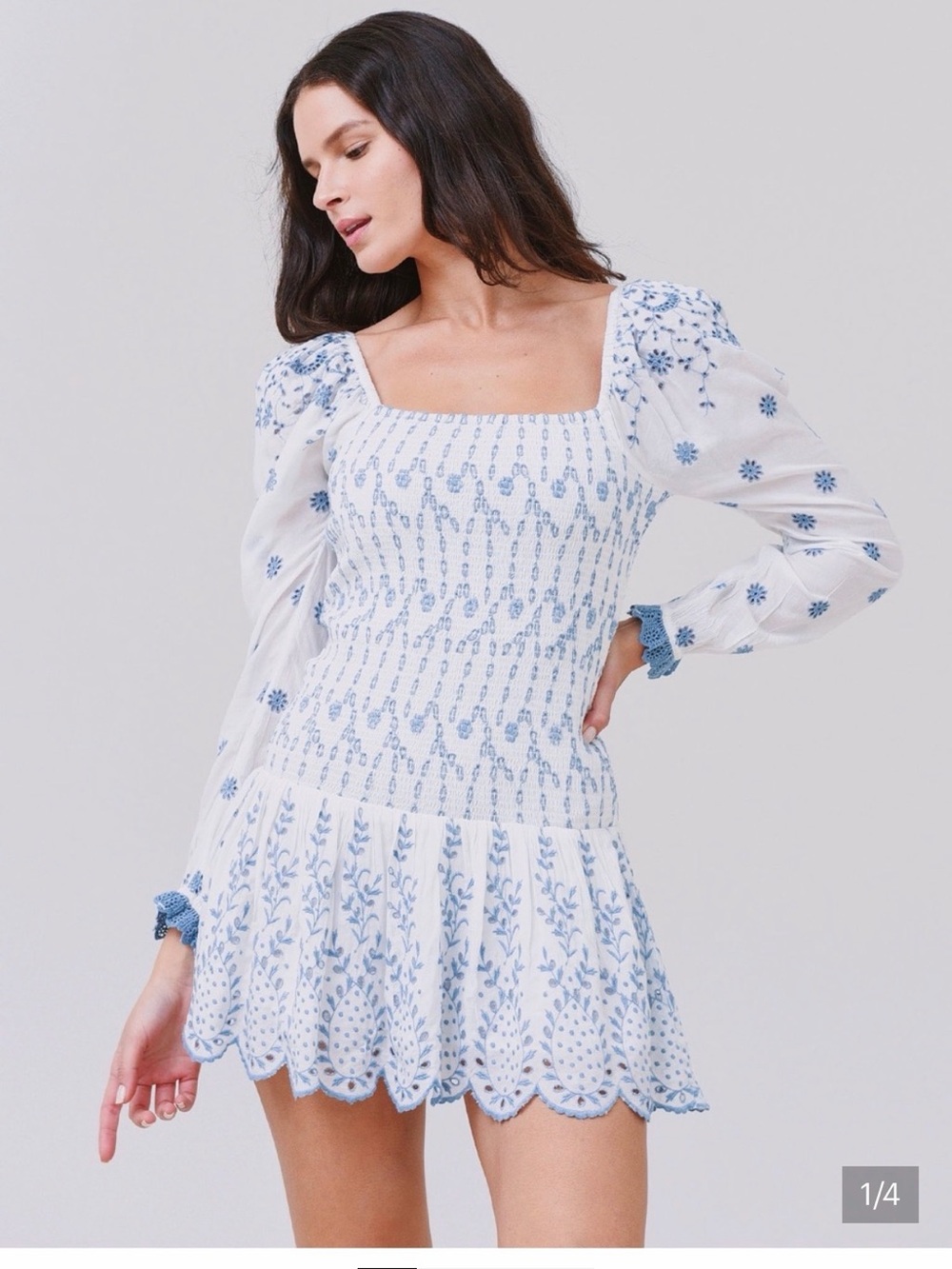 LoveShackFancy White Dress with Light Blue Embroidery
